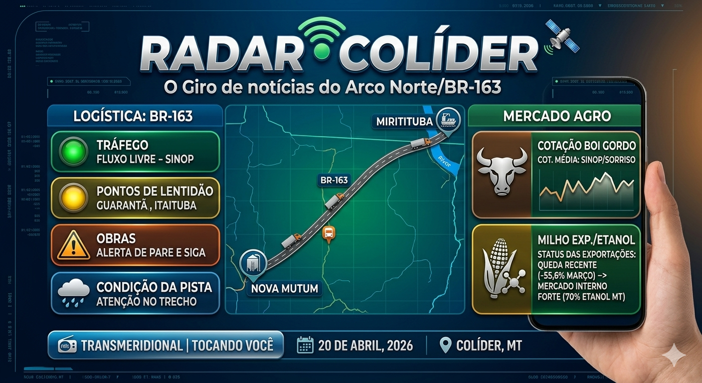 Olá Mato Grosso! Hoje é segunda-feira, 20 de abril de 2026. RADAR COLÍDER: Eixo Nova Mutum ↔ Miritituba. Falamos diretamente de Colíder, MT, o coração do Nortão. Olá Mato Grosso! Hoje é segunda-feira, 20 de abril de 2026. RADAR COLÍDER: Eixo Nova Mutum ↔ Miritituba. Falamos diretamente de Colíder, MT, o coração do Nortão.