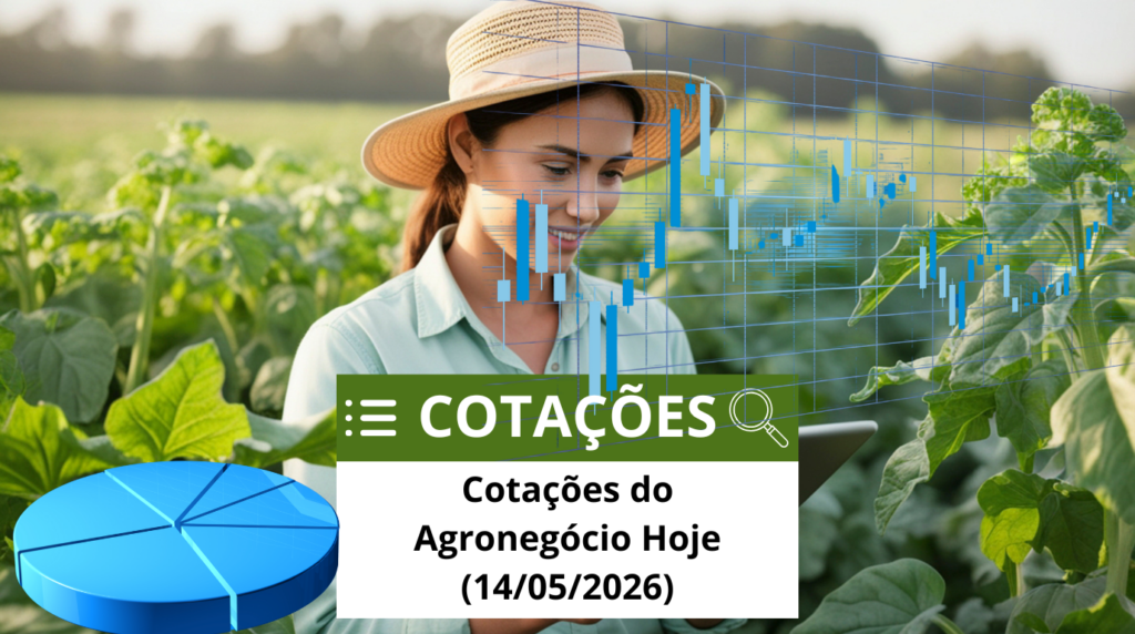 Lavoura de soja ao fundo, mulher com tablet na mão, gráfico de pizza ao lado inferior esquerdo, gráfico de pico no canto superior direito e a manchete.