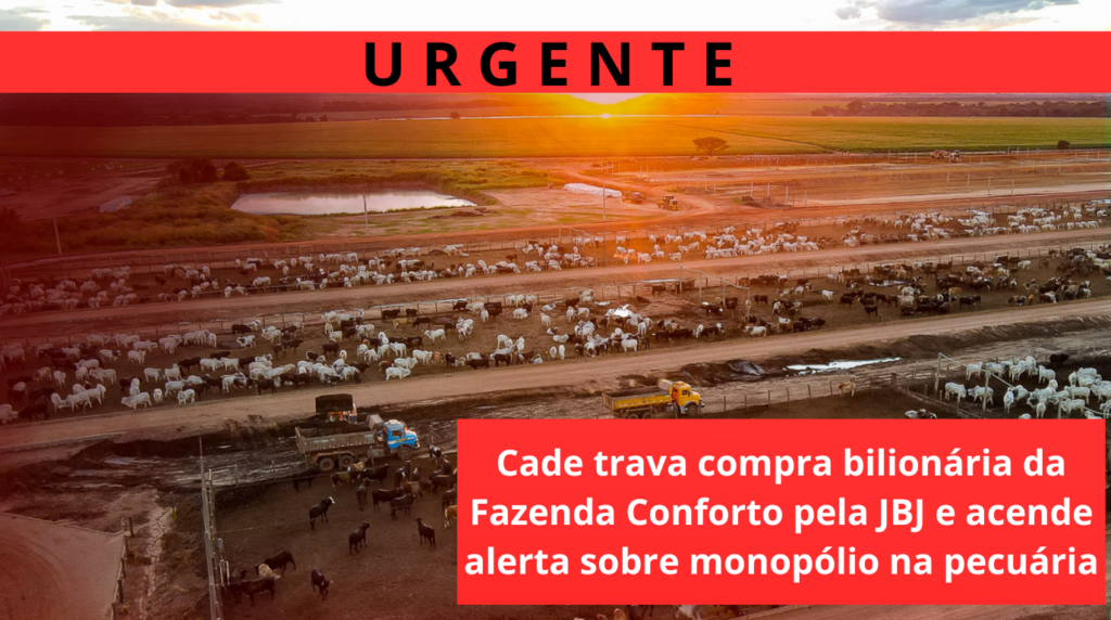 Foto da fazenda Conforto. Fundo sob degrade vermelho estão os bois no confinamento, caminhões entregando ração e a direita em baixo a manchete. 