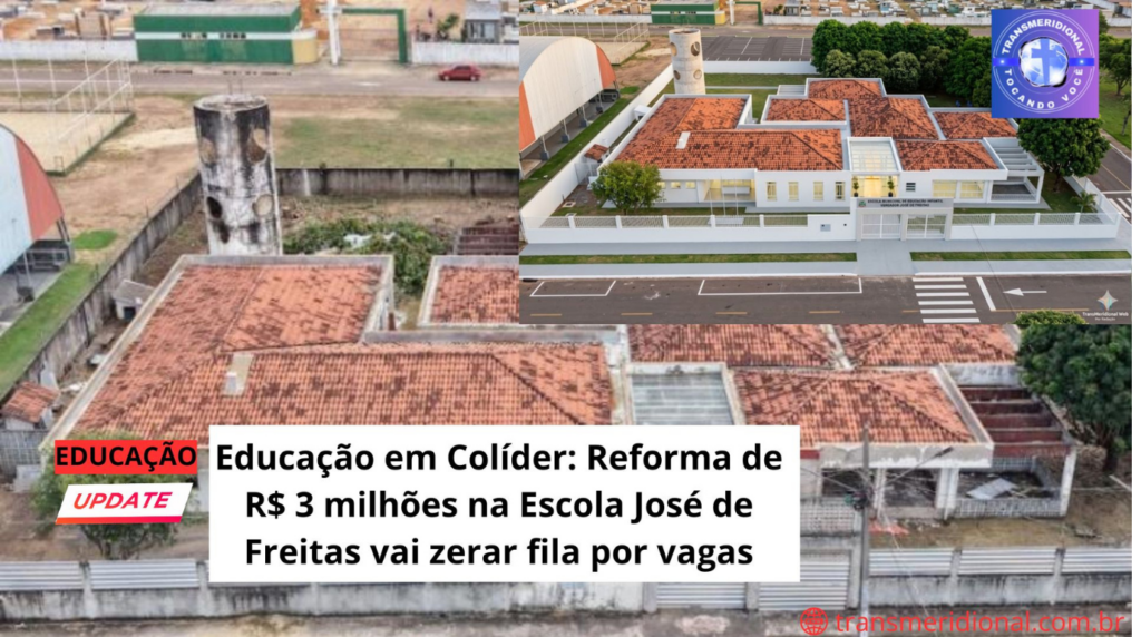 "Foto aérea da Escola Municipal José de Freitas em Colíder durante início das obras de reforma".