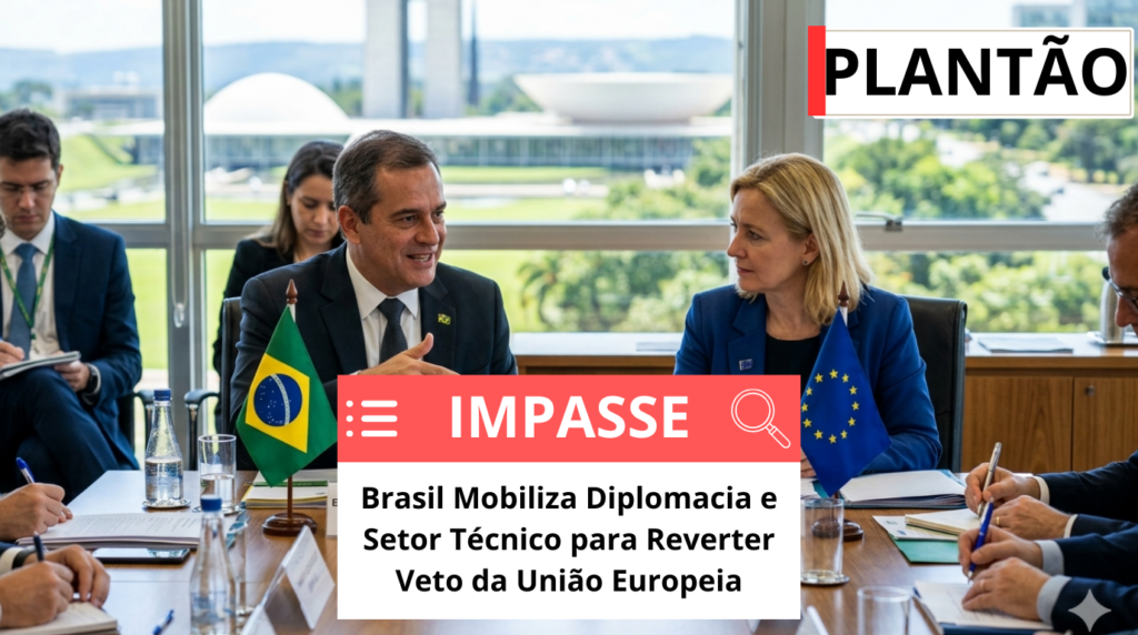 Fundo desfocado do Congresso Nacional do Brasil, primeiro plano pessoas sentadas à mesa com as bandeiras do Brasil e União Europeia e a manchete da matéria.