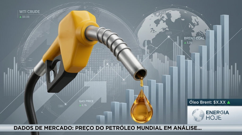 Bico de bomba de combustível amarelo com gota de óleo caindo e gráficos financeiros de barras ao fundo.