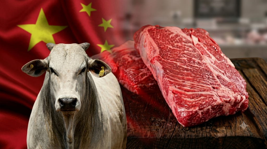 Boi Nelore em destaque ao lado de cortes de carne bovina crua com a bandeira da China ao fundo.