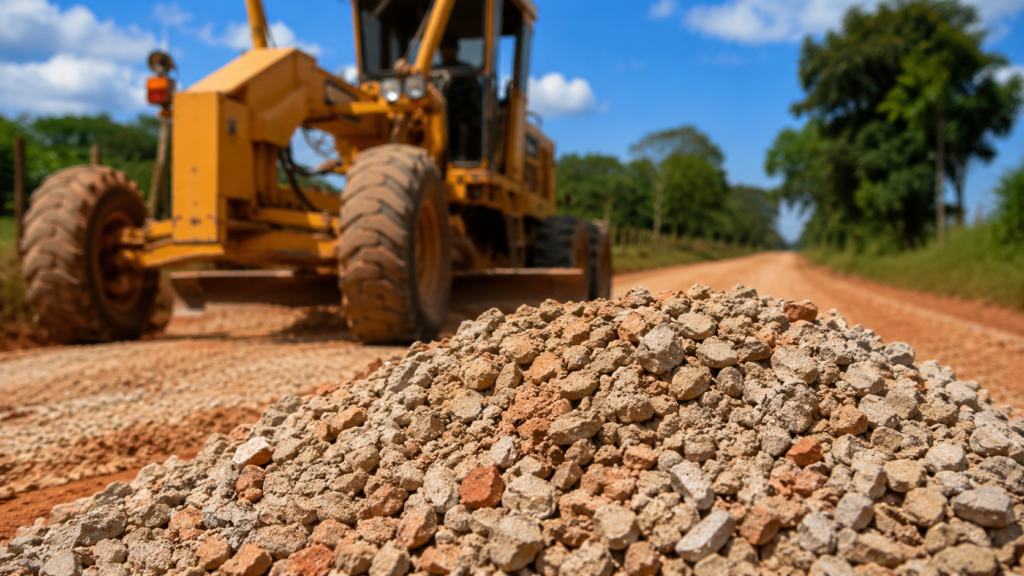 Imagem de máquina patrol recuperando estrada rural em Alta Floresta com uso de entulho de construção reciclado. Em primeiro plano, pedras e resíduos triturados utilizados na manutenção da via, com foco em infraestrutura rural sustentável sob céu azul e iluminação natural.