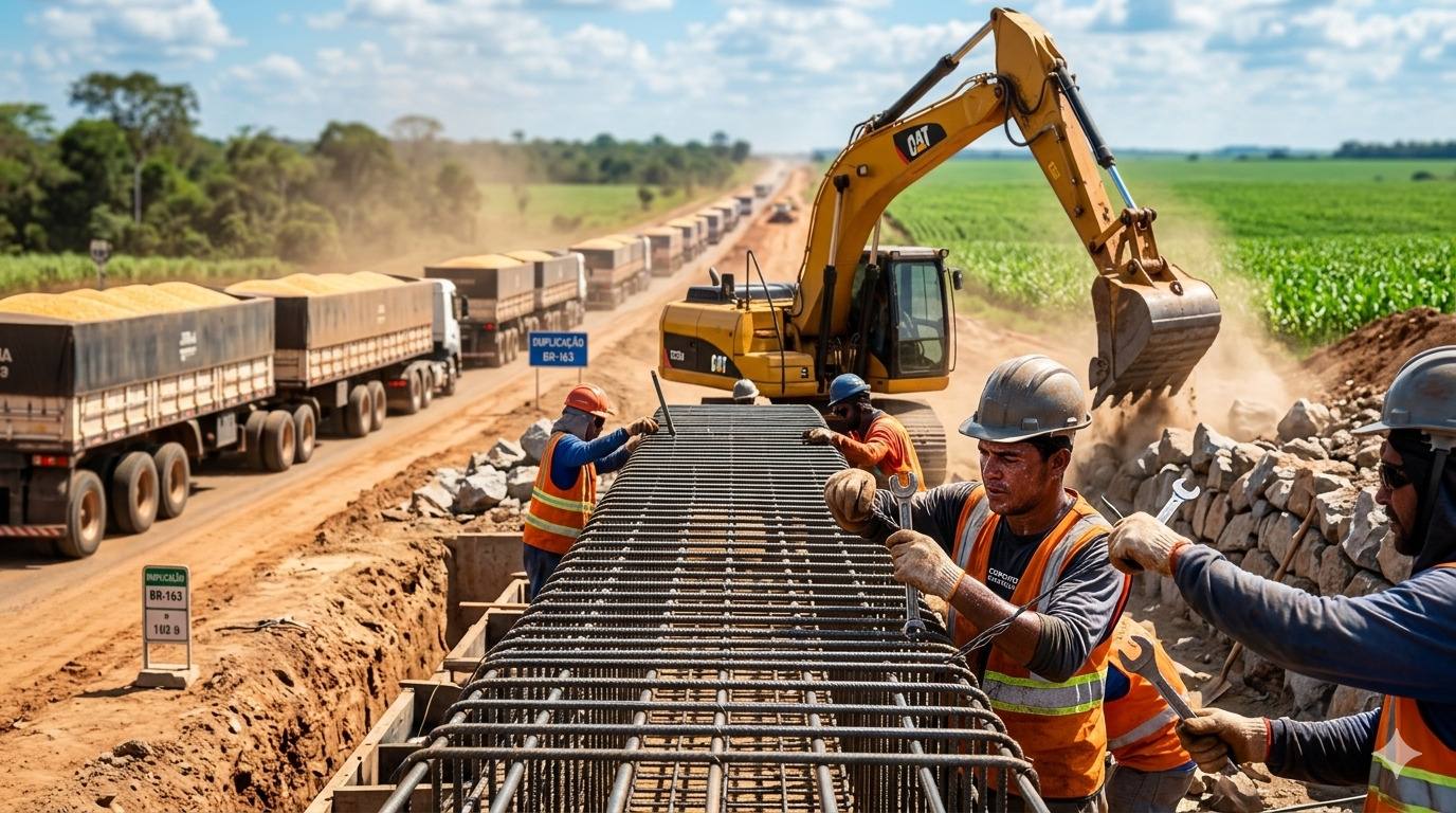 Obras na BR-163 entram em ritmo intenso entre Mato Grosso e Pará durante avanço da safra de milho.