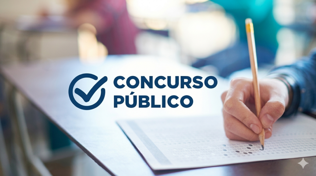 Close-up da mão de um candidato preenchendo gabarito de prova com lápis durante concurso público. À esquerda, em destaque, o selo azul com a inscrição "Concurso Público" sobre o fundo desfocado de uma sala de aula.