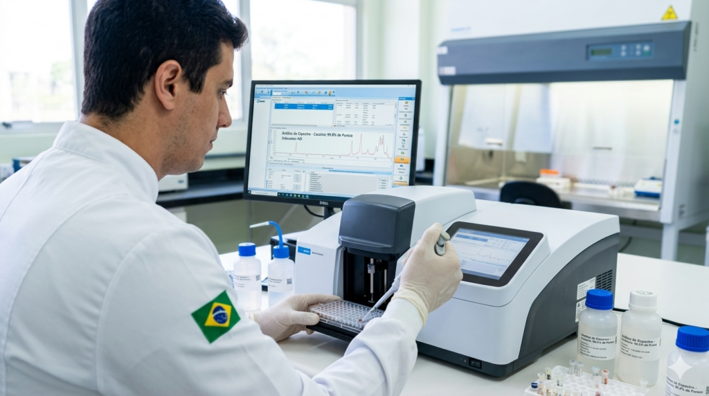 Perito da Politec-MT realiza análise de substâncias em laboratório de química forense utilizando equipamentos de alta precisão; imagem ilustra o acerto de 100% no ensaio de proficiência do Inmetro para identificação de drogas.