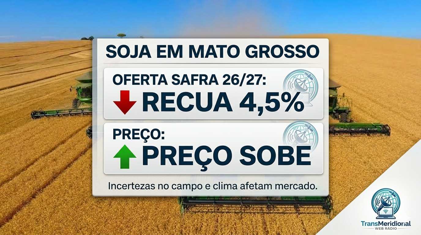 Soja em Mato Grosso: oferta da safra 26/27 recua 4,5% e preço sobe com incertezas no campo Soja em Mato Grosso: oferta da safra 26/27 recua 4,5% e preço sobe com incertezas no campo