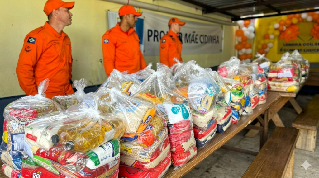 Três bombeiros fardados ao lado de uma mesa longa com centenas de cestas básicas de alimentos embaladas em sacos plásticos, para doação. No fundo, um banner diz "PROJETO MÃE CIDINHA".