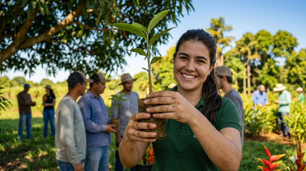 Estudantes e produtores rurais cultivando flores tropicais em Tangará da Serra - Projeto Unemat.