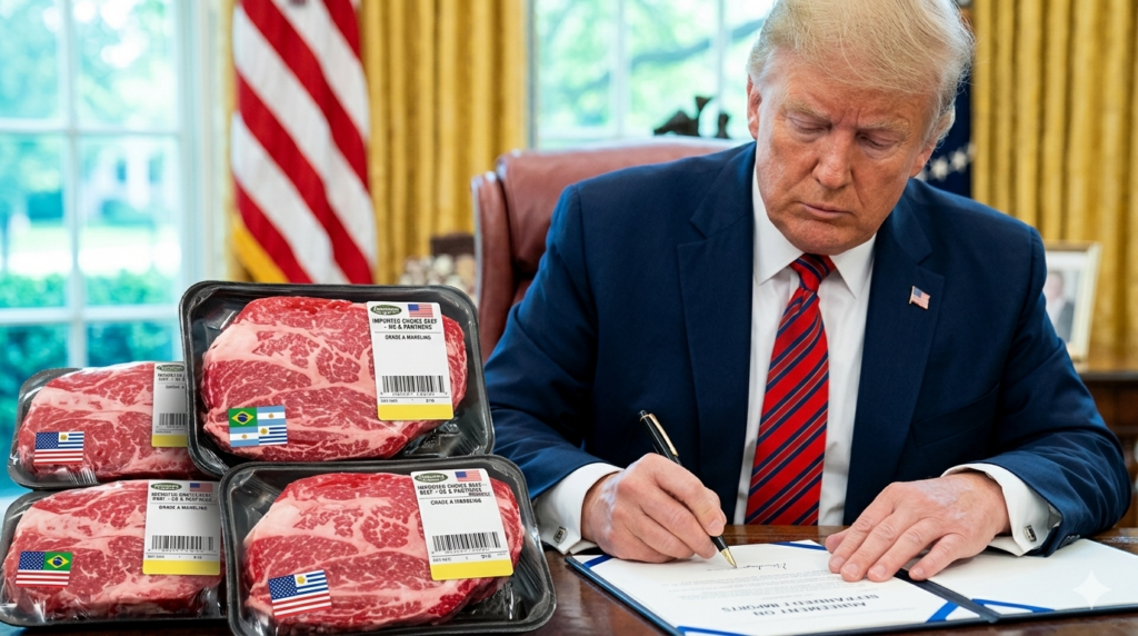 Presidente Donald Trump assinando documento, ao lado bandejas de carne, fundo desfocado do gabinete do presidente dos EUA.