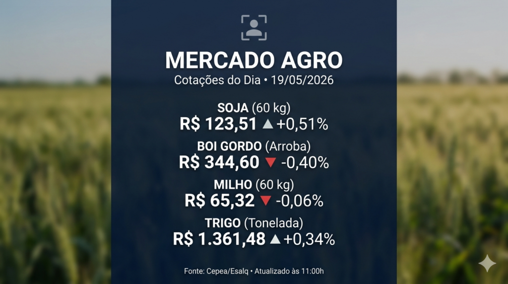 Desfoque de lavoura no fundo com inscrições do mercado agro, preço da soja, boi gordo e demais commodities