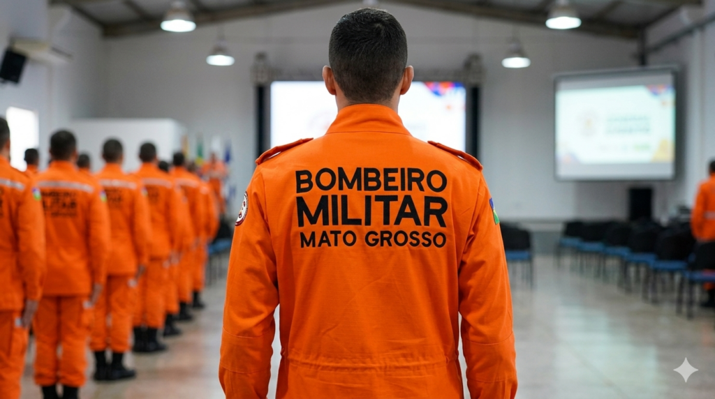 Costas de um soldado com a farda laranja do Corpo de Bombeiros Militar de Mato Grosso (CBMMT) em formação; ao fundo, outros militares perfilados em um ambiente de treinamento.