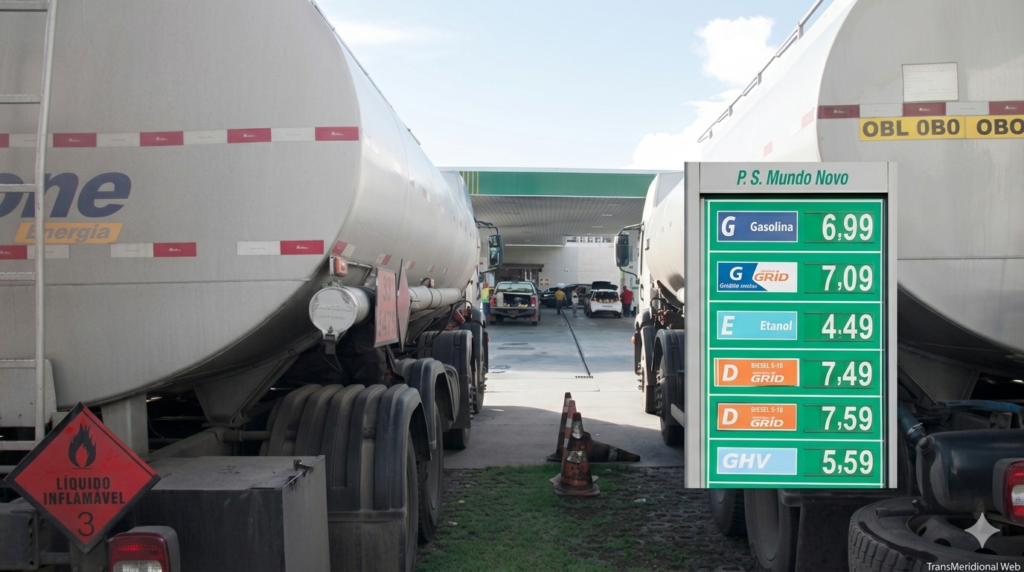 "Capa de notícia sobre a redução de R$ 1,20 no preço do diesel em Mato Grosso, sancionada pelo governador Pivetta pela Lei 13.357/2026 para apoiar agro e transportes, mostrando caminhões-tanque e preços de combustíveis. [pelo portal TransMeridional Web]"