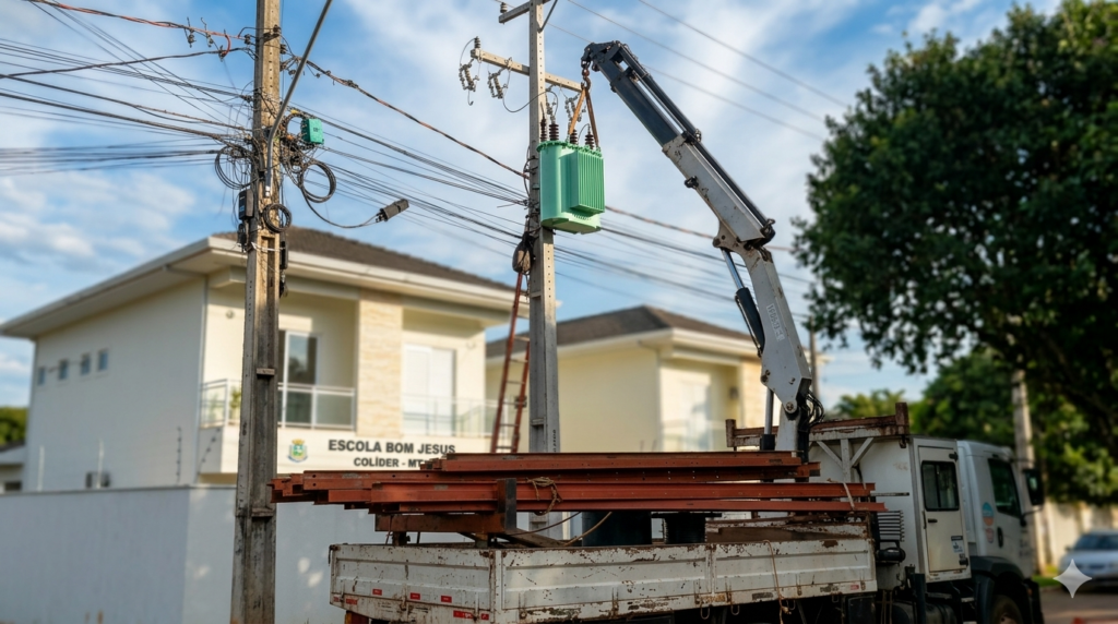 Caminhão da Energisa com guindaste levantando novo transformador para substituição na rede elétrica em frente à Escola Bom Jesus em Colíder, Mato Grosso.