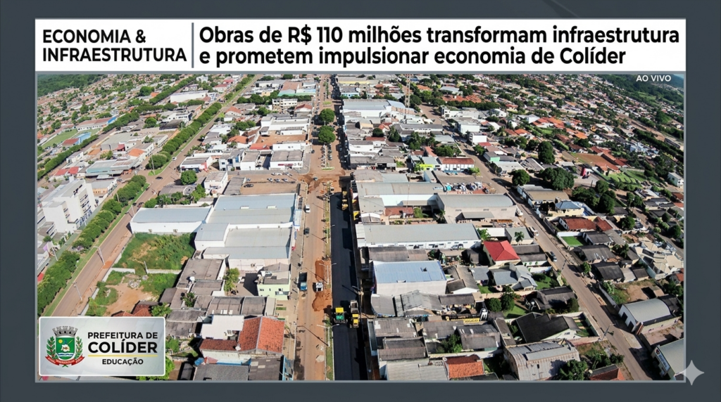 Vista aérea da cidade de Colíder, em Mato Grosso, Brasil. A imagem mostra a região urbana central com a avenida principal arborizada e prédios de médio porte.