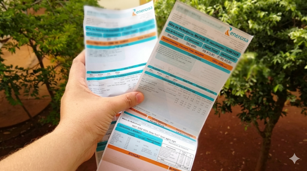 Foto em primeiro plano de uma pessoa segurando faturas de energia da Energisa Mato Grosso em um ambiente externo. À esquerda, um infográfico jornalístico exibe o aumento de 15% na conta de luz e a composição do custo tarifário. Imagem ideal para ilustrar reajustes de energia elétrica e economia doméstica em MT.