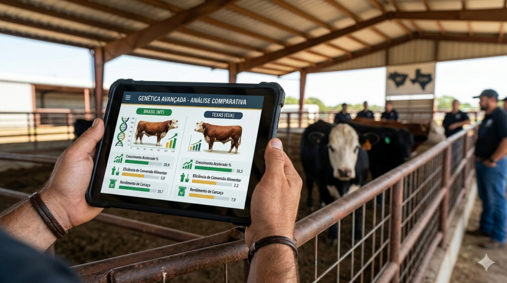 Produtor rural segurando um tablet nas duas mãos, na tela dois bovinos de frente e sobre eles tags de Brasil e Texas, abaixo deles gráficos dos dois países. Ao fundo, desfocado, bois e produtores rurais.