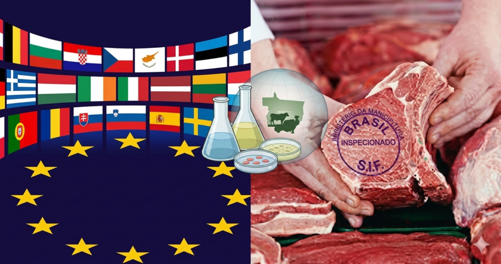 Bandeiras da UE com carne bovina do outro lado, símbolos químicos e um mapa do Brasil em desfoque.