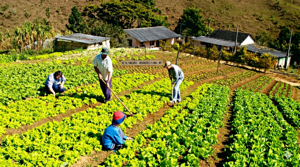 Foto de quatro trabalhadores rurais cuidando de uma plantação de alface no Mato Grosso (MT). No centro da imagem, há um pequeno letreiro informativo com o texto: 'R$ 76.7 MILHÕES - INSCRIÇÕES 21/Mês - MT'. A plantação verde vibrante e os trabalhadores ocupam o primeiro plano, com casas de telhado rústico e colinas áridas ao fundo. A imagem tem alto contraste e composição centralizada, no estilo de fotojornalismo para portal de notícias, adequada para visualização em dispositivos móveis.